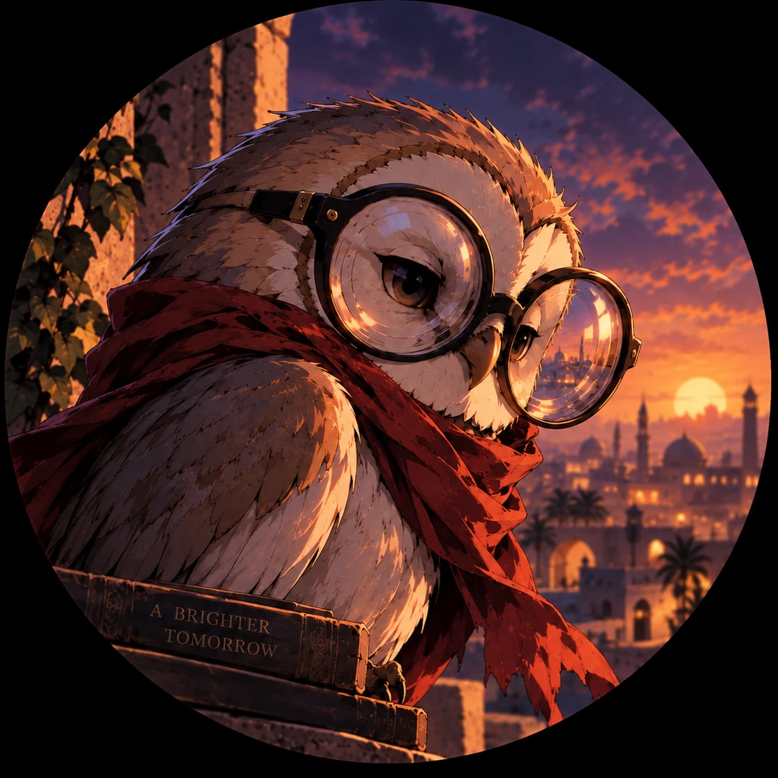 Blindish Owl wearing thick glasses and a burgundy scarf, above an imagined Middle Eastern city at dusk.